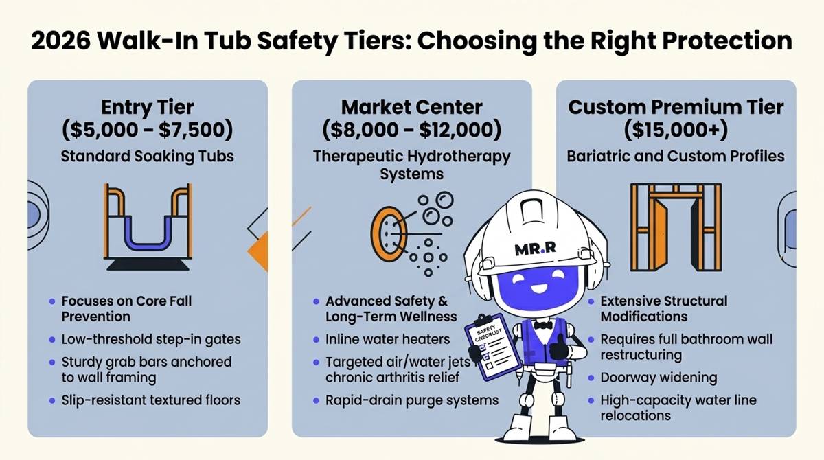 A 2026 accessibility pricing tier graphic comparing standard soaking tubs ($5,000-$7,500), therapeutic hydrotherapy systems ($8,000-$12,000), and custom bariatric retrofits ($15,000+) for aging-in-place safety.